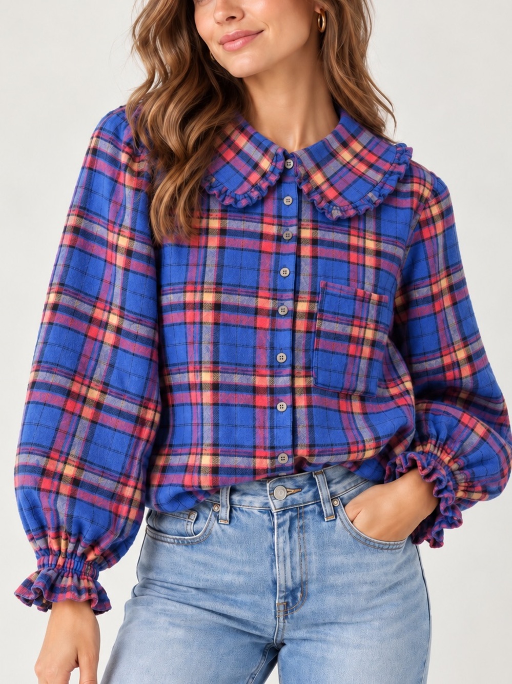 PILCRO Anthropologie Plaid Ruffle Collar Button Up Top (Size S)